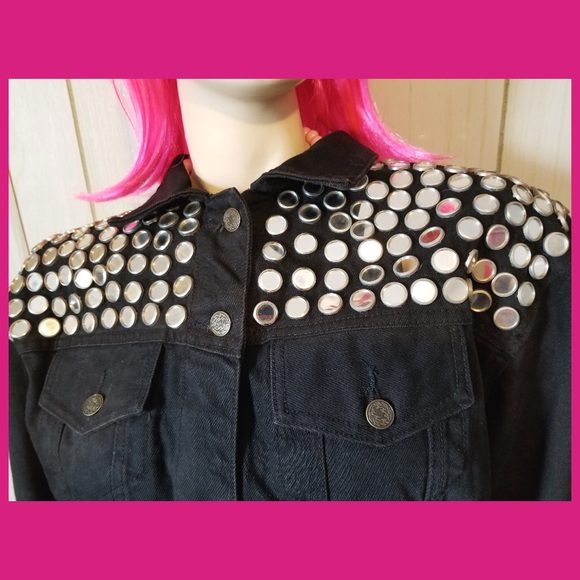 Vintage 80s PUNK Atomic Space Age MOD Black Denim Jacket Studded w/Mirrors wOw! - Picture 6 of 14